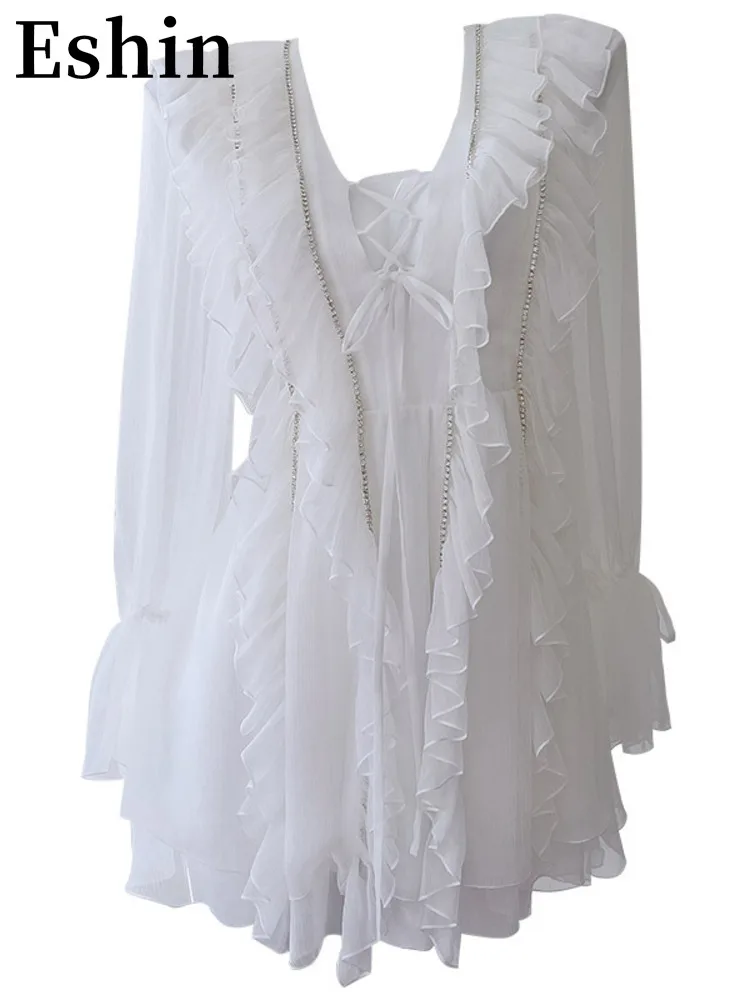 

Eshin V Neck Long Sleeve White Tierred Short Mini Dress For Women 2023 Summer Elegant Female Party Dresses New TH4312