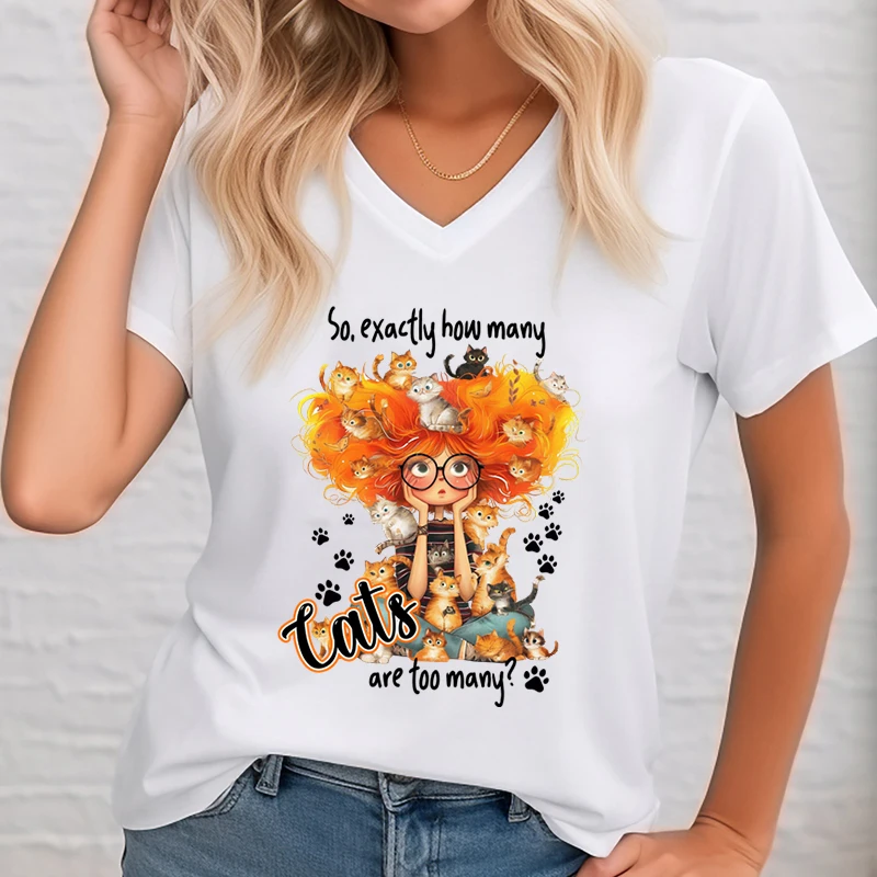 

Женская футболка с V-образным вырезом и принтом «как много кошек и светлой девушки»