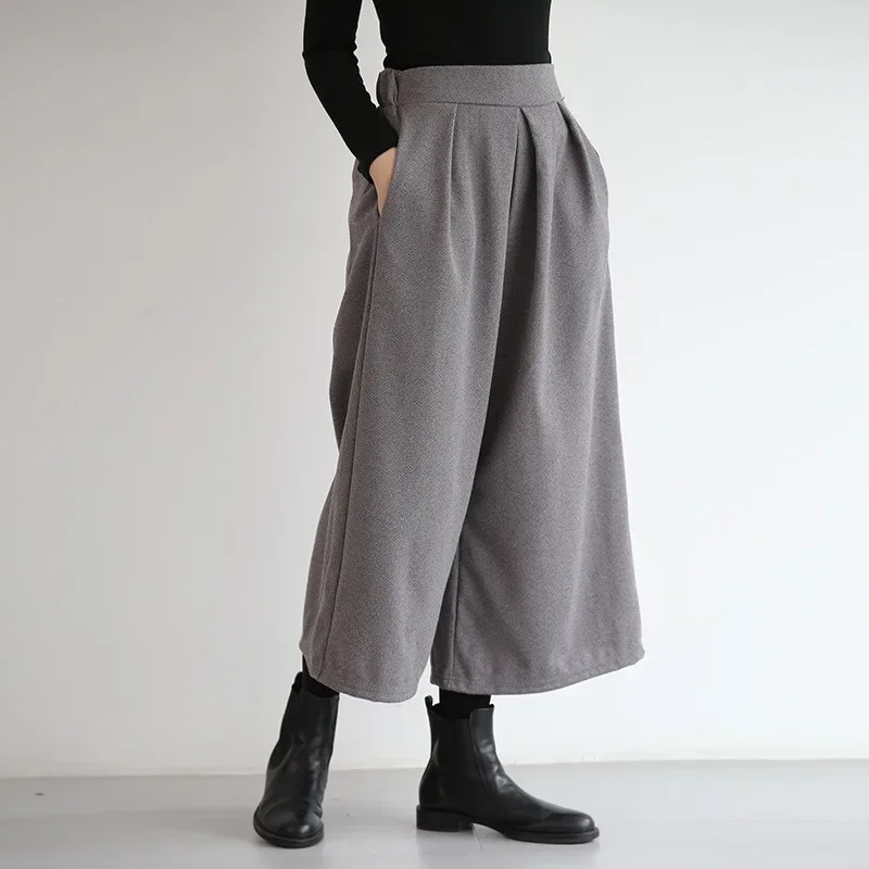 Autumn and Winter New Loose Wool Wide Leg Skirt Pants Women\'s High Waist Versatile Pleated Casual Pants Straight Leg Pants