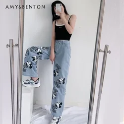 Potdemiel Cartoon Denim Pants 2024 Early Spring Small Printed Loose Slimming Couple Straight Wide Leg Mop Pants BF Jeans Women