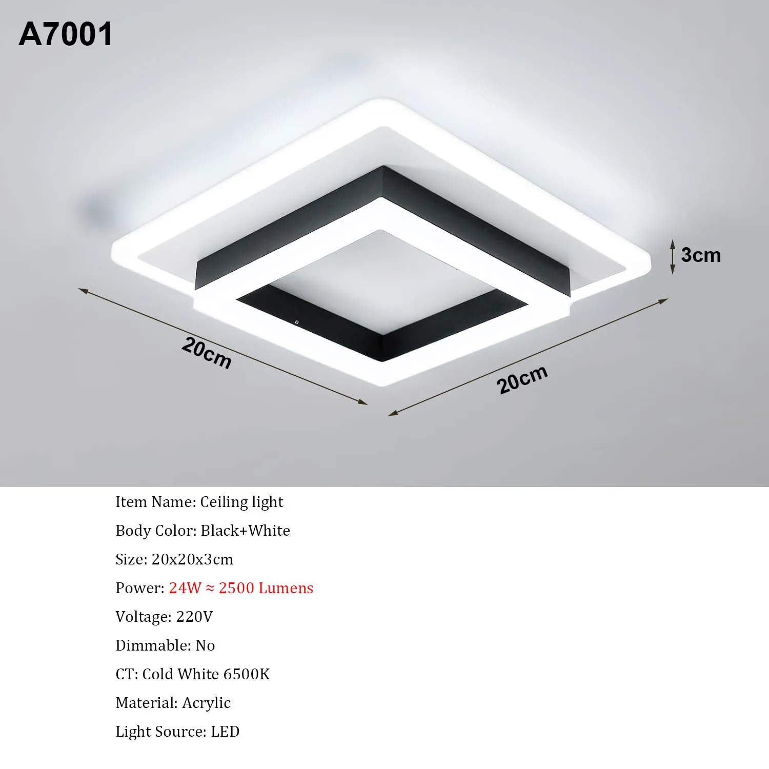 Quadratische Acryl-Deckenleuchte Moderne LED-Deckenlampe, Weiße 6500K LED-Deckenbeleuchtung für Schlafzimmer Büro Küche Wohnzimmer – Detail 2