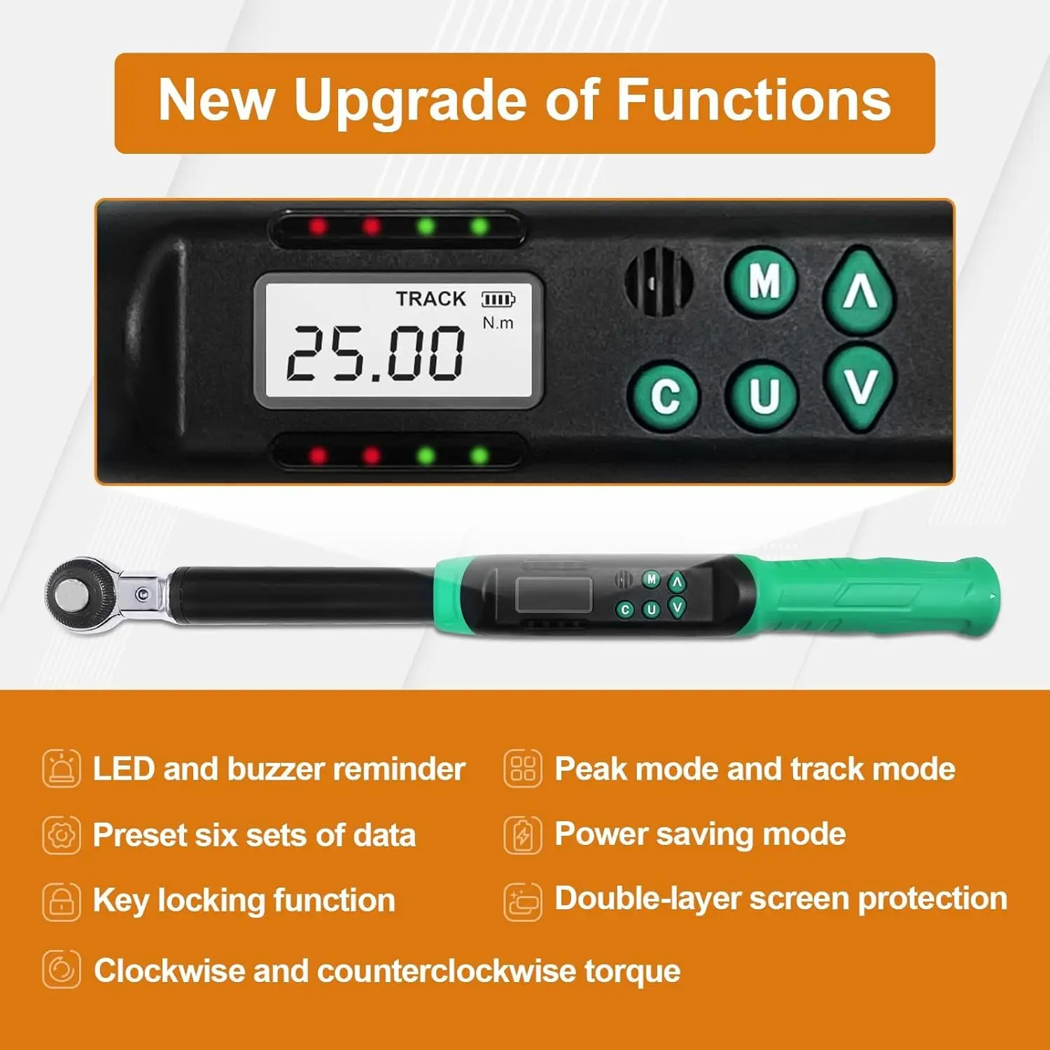 조절식 디지털 토크 렌치 5-99.6ft.lbs/6.8-135N.m 3/8인치 라쳇 헤드 5-35mm 죠 버저 및 LED 자동차 오토바이 수리용