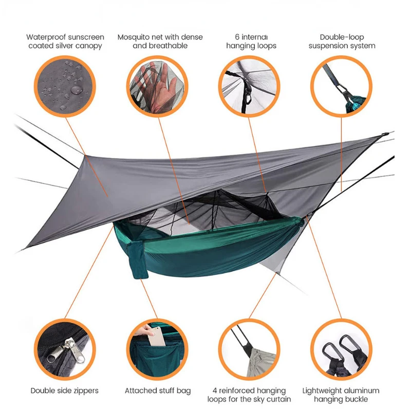 260x140cm Outdoor Double Camping Hammock with Mosquito Net and Rain Fly Tarp Lightweight Parachute Hammocks for Travel Hiking 3