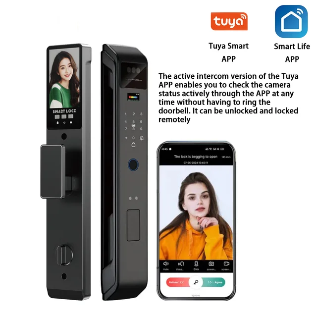 Tuya APP Smart Life APP Control Voice Intercom Smart Lock 3D Face Recognition Fingerprint Password Smart  Door Lock With Camera 4
