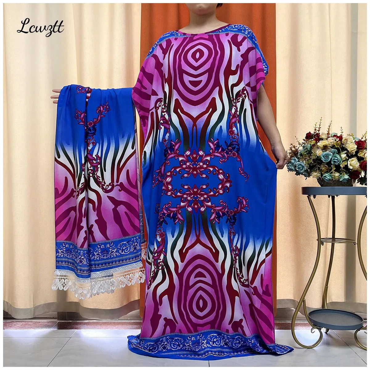 

2023 Summer Short Sleeve Femme Robe African Traditional Abayas New Muslim Cotton Fabric Dresse With Big Scarf For Women