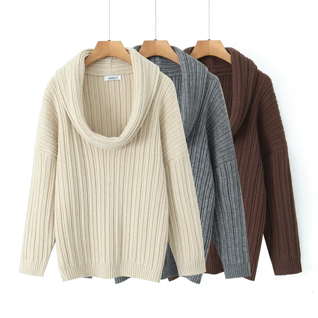 Winter Coffee Rib Knitting Ruched Slash Shoulder Pullover Sweater Women Full Sleeve Loose Thick Knitwear Oversized Jumper Beige 6