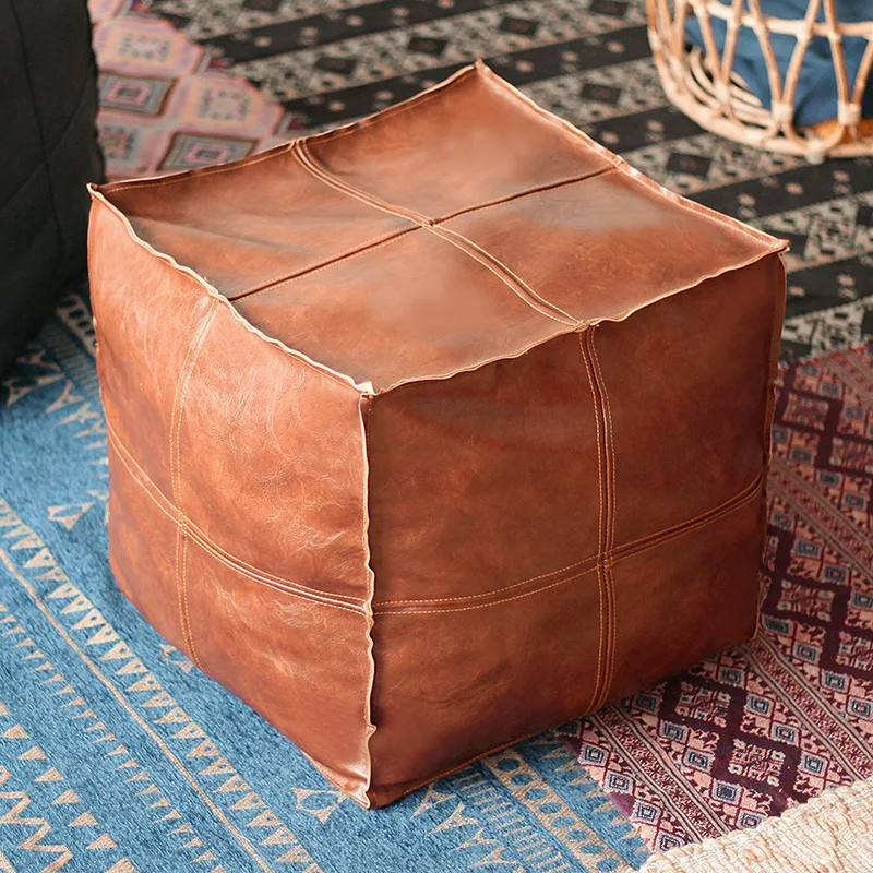 Moroccan Artificial PU Leather Sofa Stool Cover Pouf Cover Sofa Ottoman Footstool Unstuffed Living Room Bedroom Cushion Covers