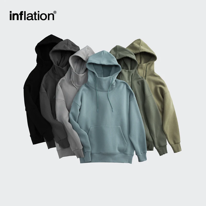 INFLATION Blank Thick Fleece Hoodies Men Winter Warm High Collar Oversized Hoodies Unisex Hooded Sweatshirts