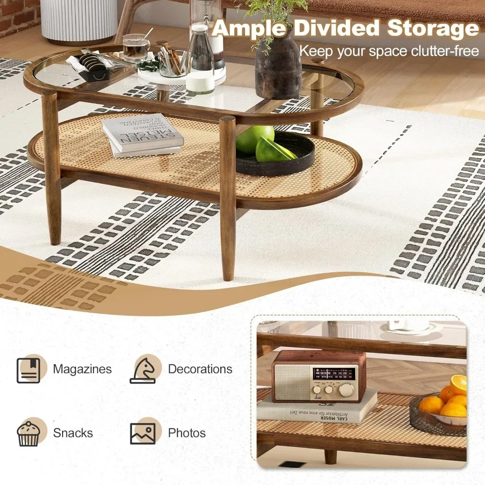 Rattan Coffee Table, 2-Tier Oval Wood Tea Tables W/Tempered Glass Tabletop & PE Rattan Storage Shelf, Boho Cocktail Tables 5