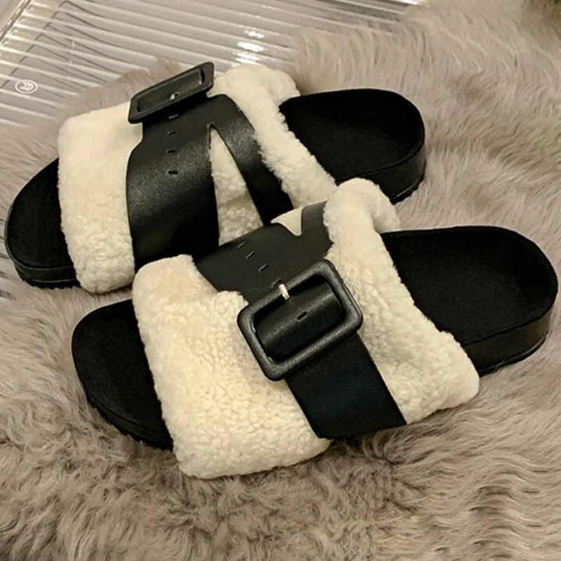 

Black White Cow Leather Belt Big Buckle Wool Fur Sliper Women Peep Toe Platform Sole Leisure Slip On Mules Zapatos Slide