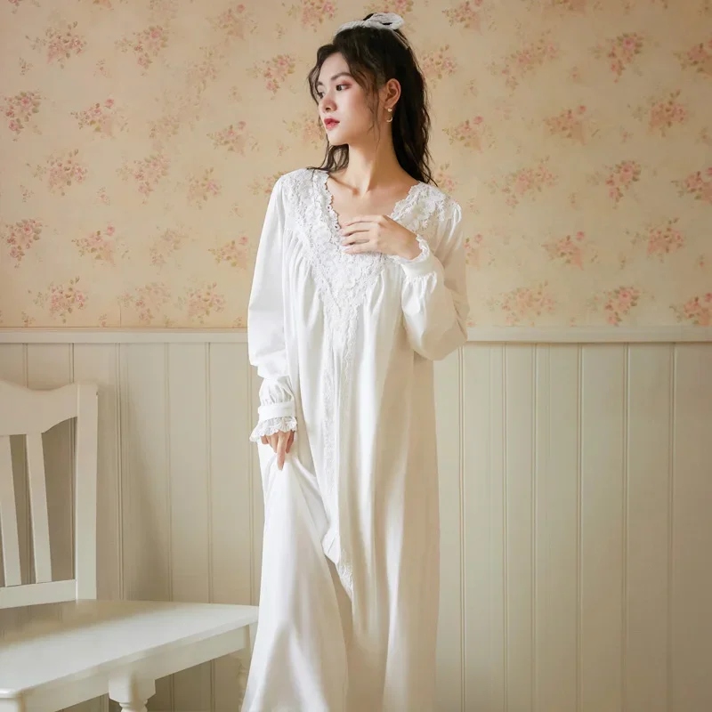 

Women Sexy V-Neck Long Nightdress Spring Autumn Full Sleeves Cotton Nightie Casual Loose Design Ankle-Length Sleepwear Nightgown