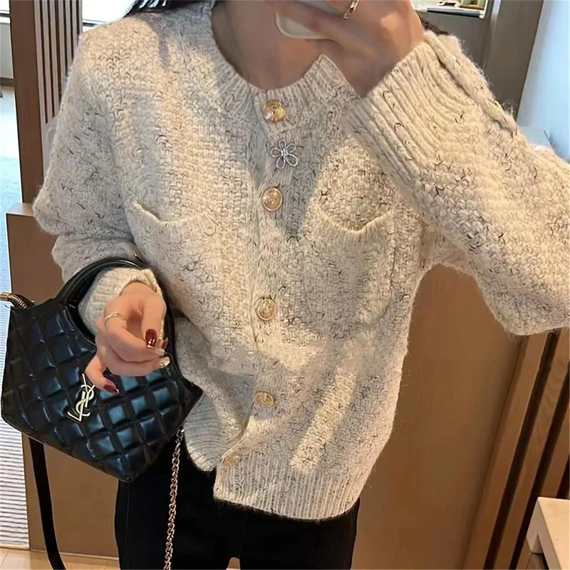 

Fashion Stylish Chic Knitted Cardigan Top Women 2023 Autumn Winter New Classic Style Age-Reducing Beautiful Gentle Sweater Women