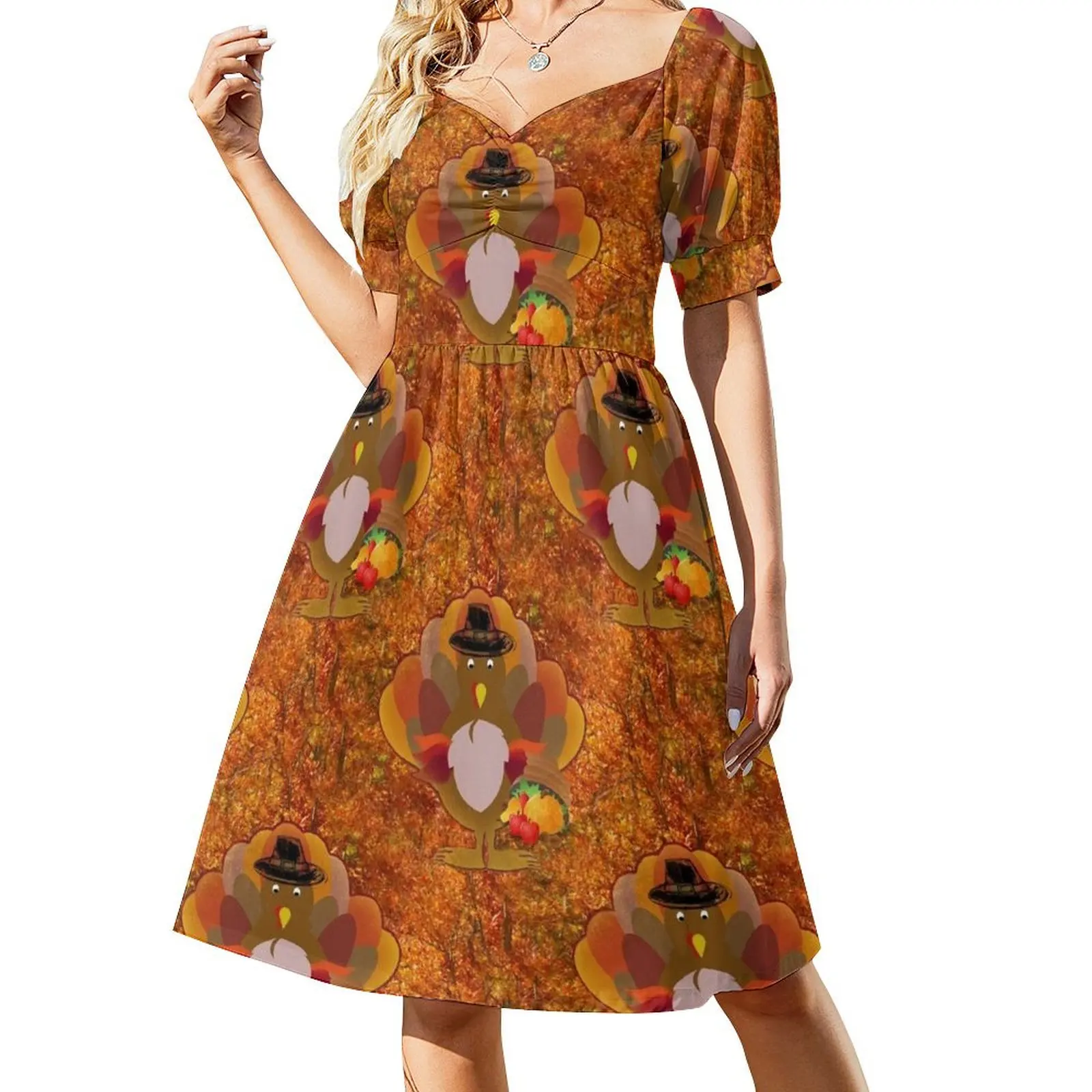thumbnail image 1 of Vestido de manga corta de pavo de Acción de Gracias, vestido de verano para mujer , vestidos de fiesta , vestido para mujer verano, 1 of 7