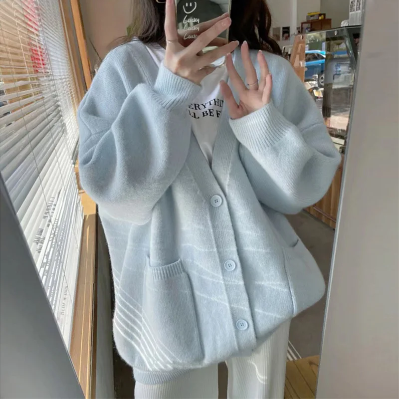 

Soft waxy knit cardigan women's spring and autumn new Korean version of lazy wind V-neck sweater coat