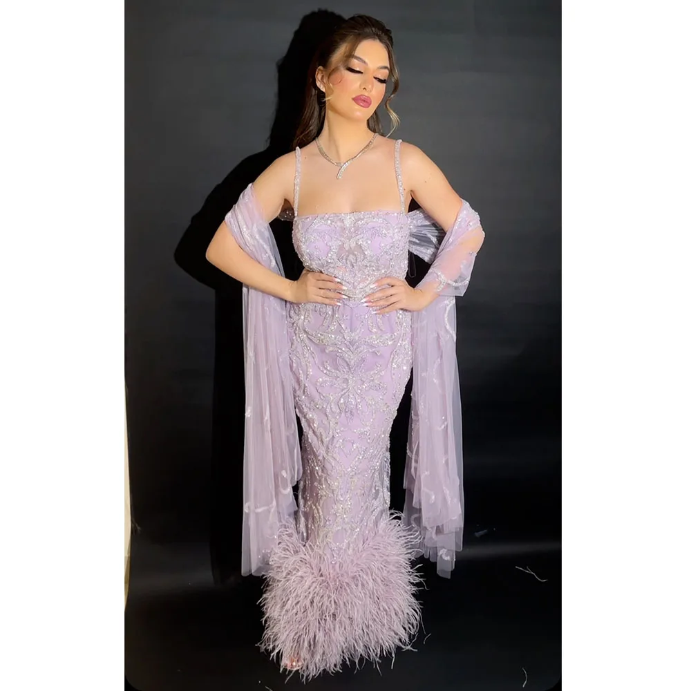 

Luxury Prom Gown Spaghetti Strap Straight Sequined Lace Ankle-Length Feather Evening Party Dresses فساتين للحفلات الراقصة