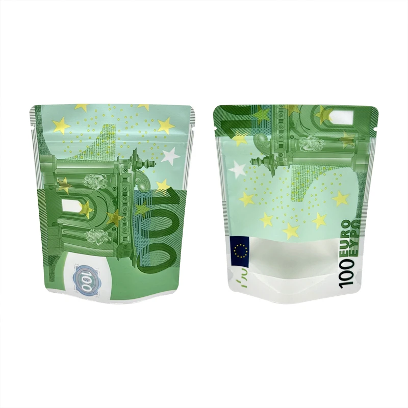 10€ 20€ 50€ 100€ 200€ 500€ Bills Paper Zip lock Bag Small Pouch With Clear Window 1-3.5G Mylar Small Bag Customized Design EURO