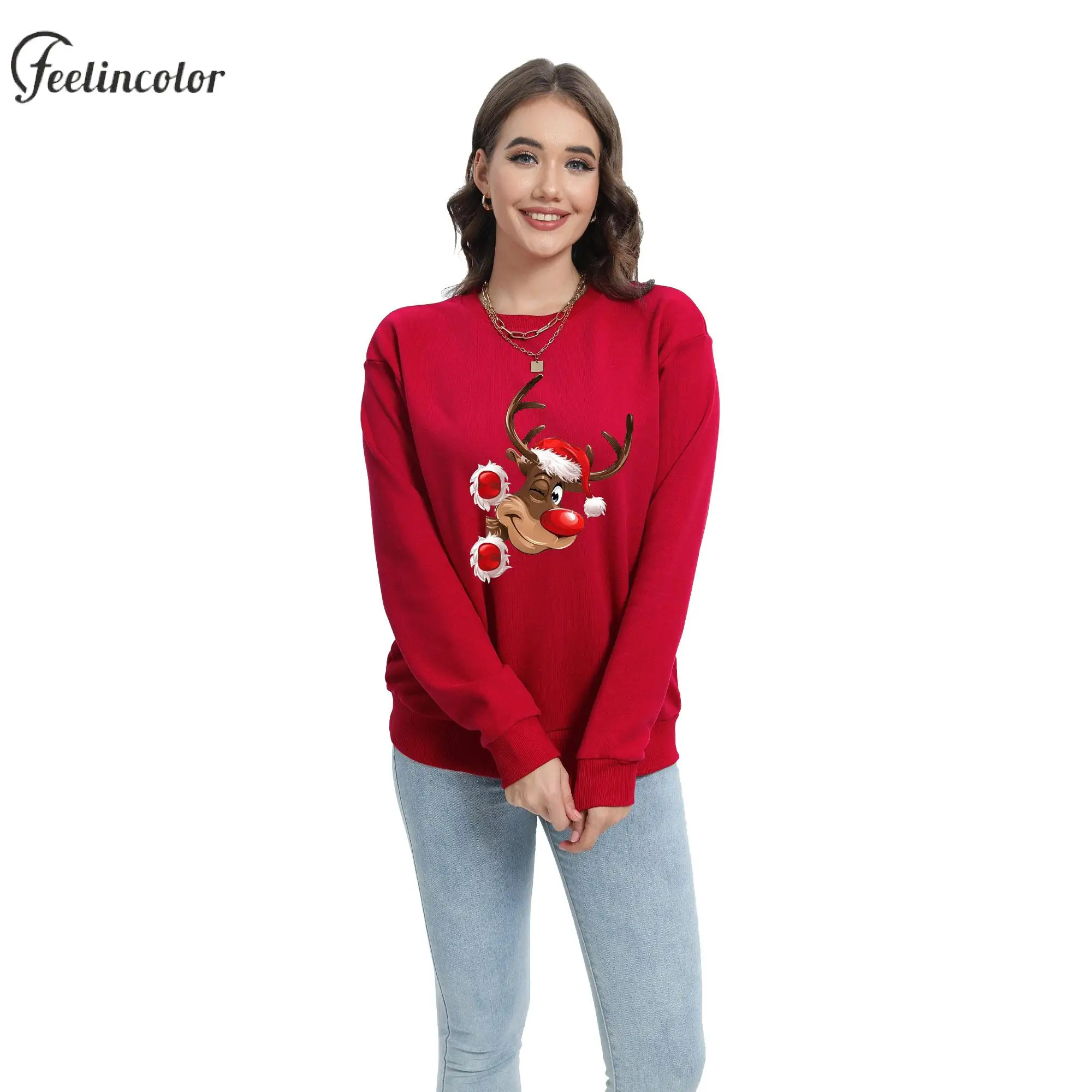 Women Green Christmas Sweatshirt New Year Tracksuit Xmas Streetwear Adult Pullover Long Sleeved Carnival Female Clothing