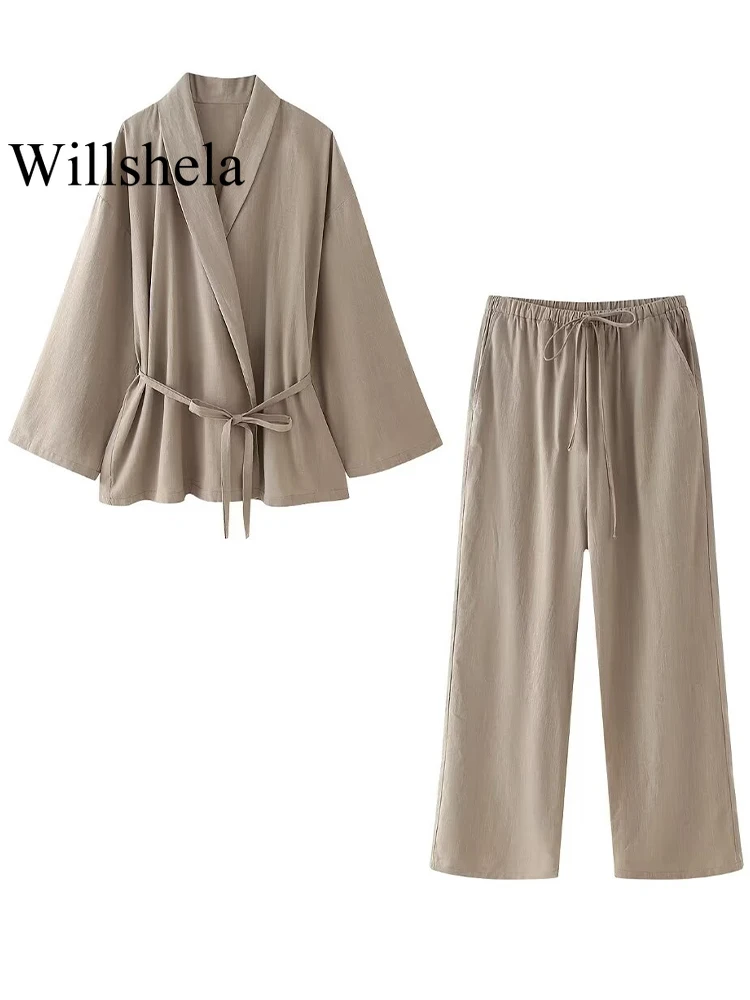 Willshela Women Fashion Two Piece Set Khaki Lace Up Shirts & Vintage High Elastic Waist Trousers Feamle Chic Lady Pants Sets