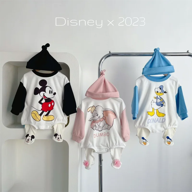 

Disney Bodysuits 3pcs Set Mickey Mouse Donald Dumbo 0-2 Years Baby Fart Suit Hat + Suit + Pantyhose Cartoon Cotton Baby Clothes