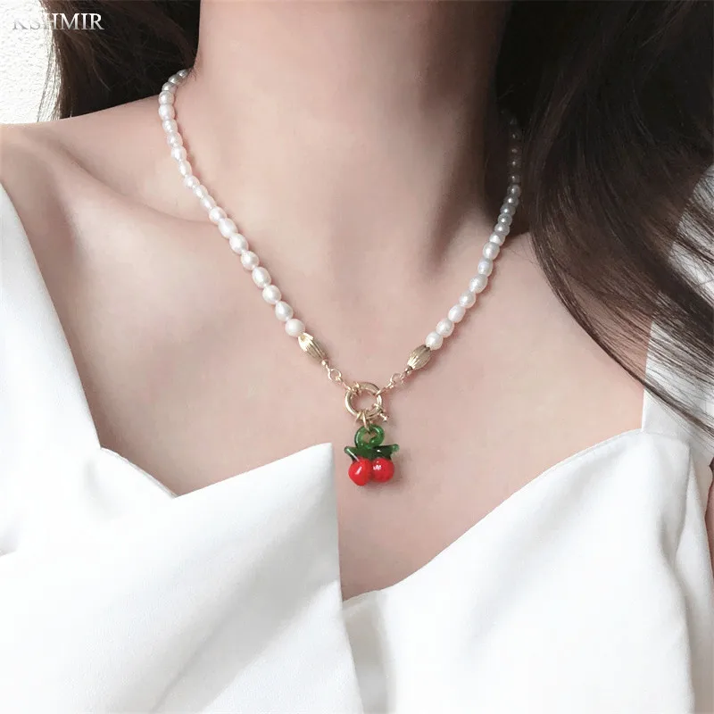 

2022 New freshwater pearl sweet lovely cherry necklace high sense of versatile fashion exquisite chain clavicle chain jewelry