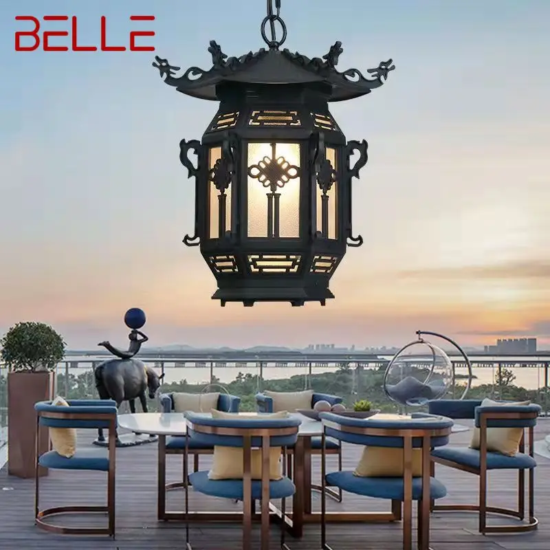 

BELLE Chinese Lantern Pendant Lamps Outdoor Waterproof LED Black Retro Chandelier for Home Hotel Corridor Decor Electricity