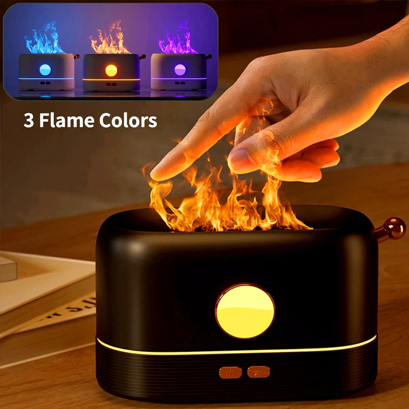 200ml Flame Humidifier Three Color LED Light Air Humidifier Smart Timing Electric Aromatherapy Diffuser Simulation Fire Effect nite light