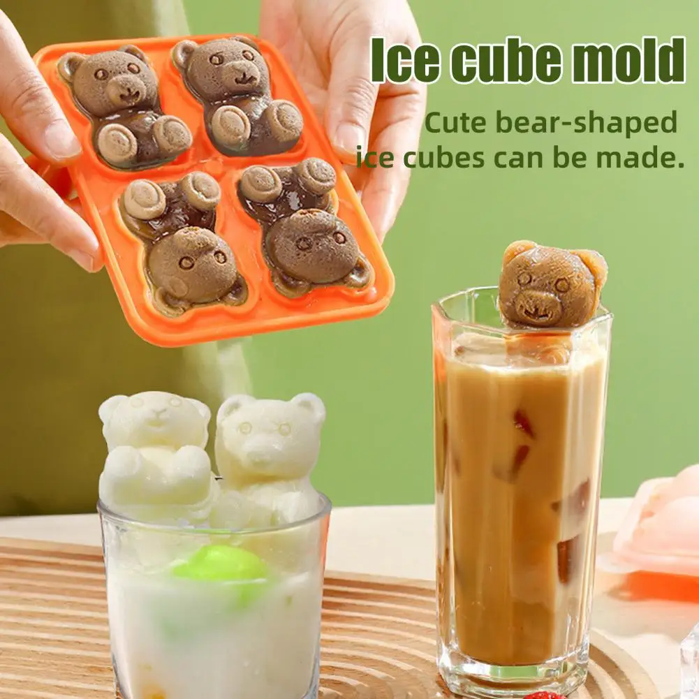 4 Grids Ice Cube Tray Bear Shape Silicone Ice Cube Maker DIY Candy Chocolate Mold For Whiskey Bourbon Bear Kitchen Accessories