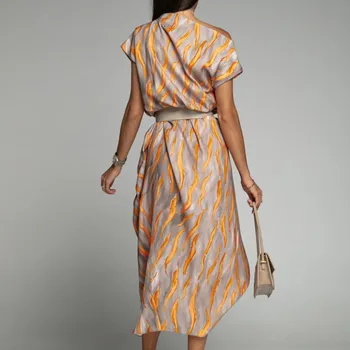 Elegant Long-sleeve Printed Dress For Women High-waisted A- line Round Neck Pullover Trendy Summer Clothing 4