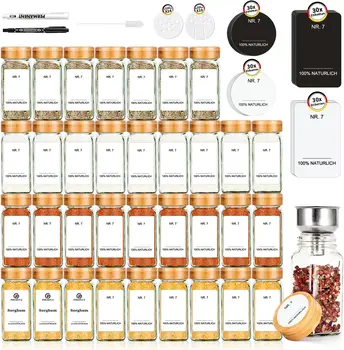 Set quadrato di barattoli di spezie con coperchio in bambù ecologico da 120 ml, 35 barattoli di spezie, perfetto organizer per spezie da cucina 1