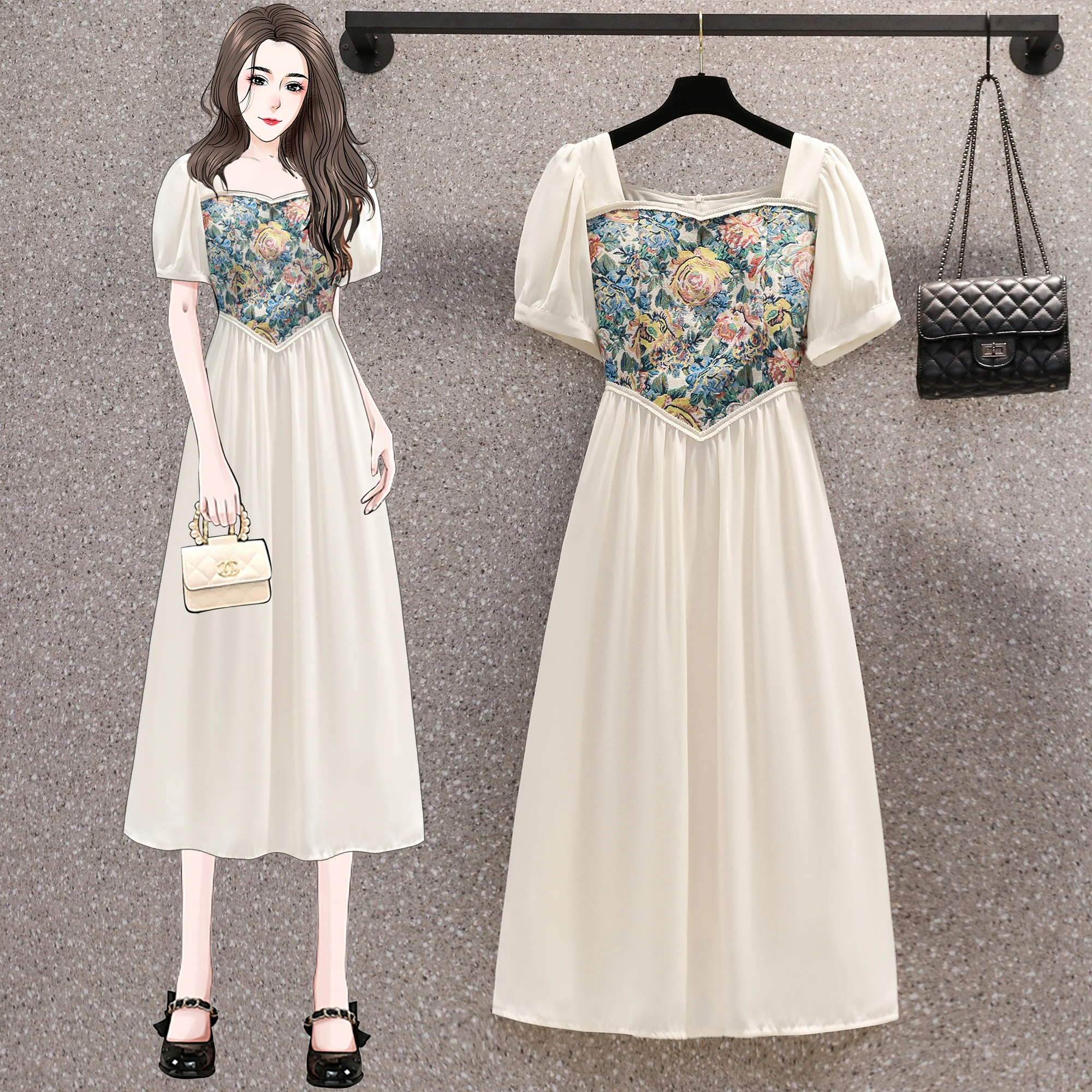 

Women White Embroidery Short Sleeve Midi Dress Summer Fashion Ruffled Square Collar Dress 2024 Korean Vintage Prom Clothes