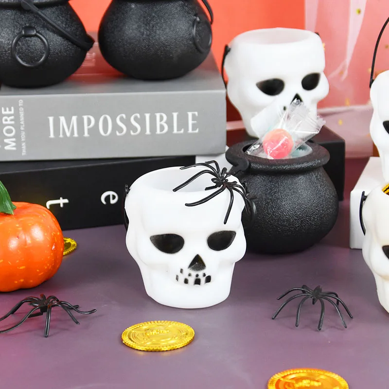 6pcs Mini Halloween Candy Bucket Pot Witch Skeleton Cauldron Holder Jar Trick Or Treat Halloween Party Decoration Props Kids Toy