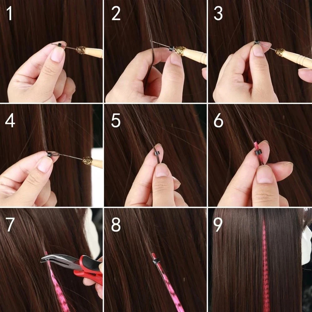 Extensiones de Cabello sintético con hebras de colores para niñas, pelo de plumas púrpuras con punta de cebra, postizo falso, 10 unidades por juego