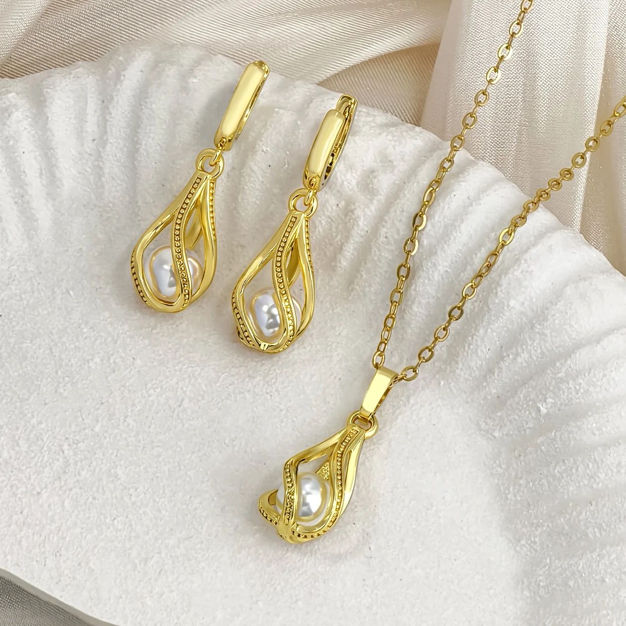 Jewelry Sets Women Earrings Chain Necklace Romantic White Pearl