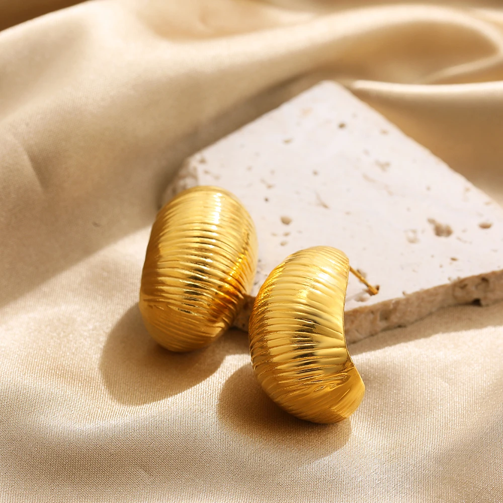 Retro Stainless Steel Geometric Irregular Texture Hemispheres Earrings Gold Plated Waterdrop Waterproof Small Studs Ear Jewelry