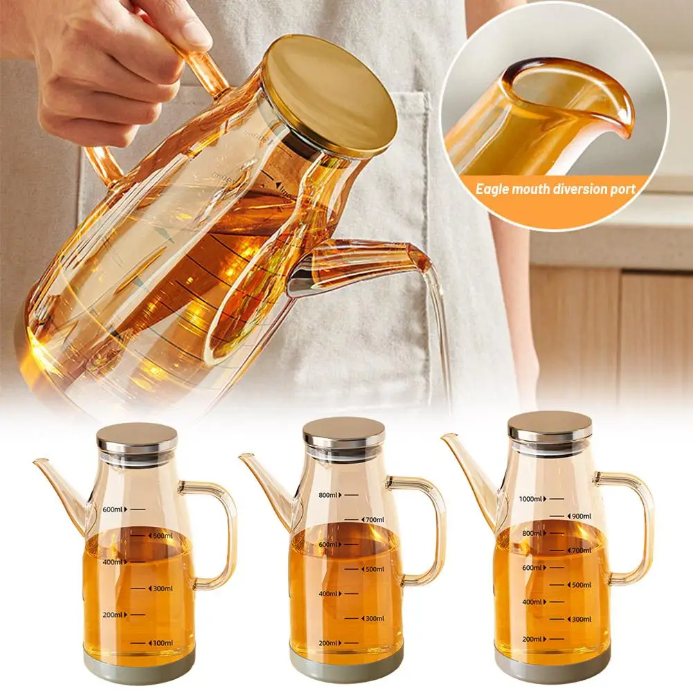 Oil Dispenser 600/800/1000ML Glass + Stainless Steel Kitchen Household Seasoning Bottle Container No Oil Hanging