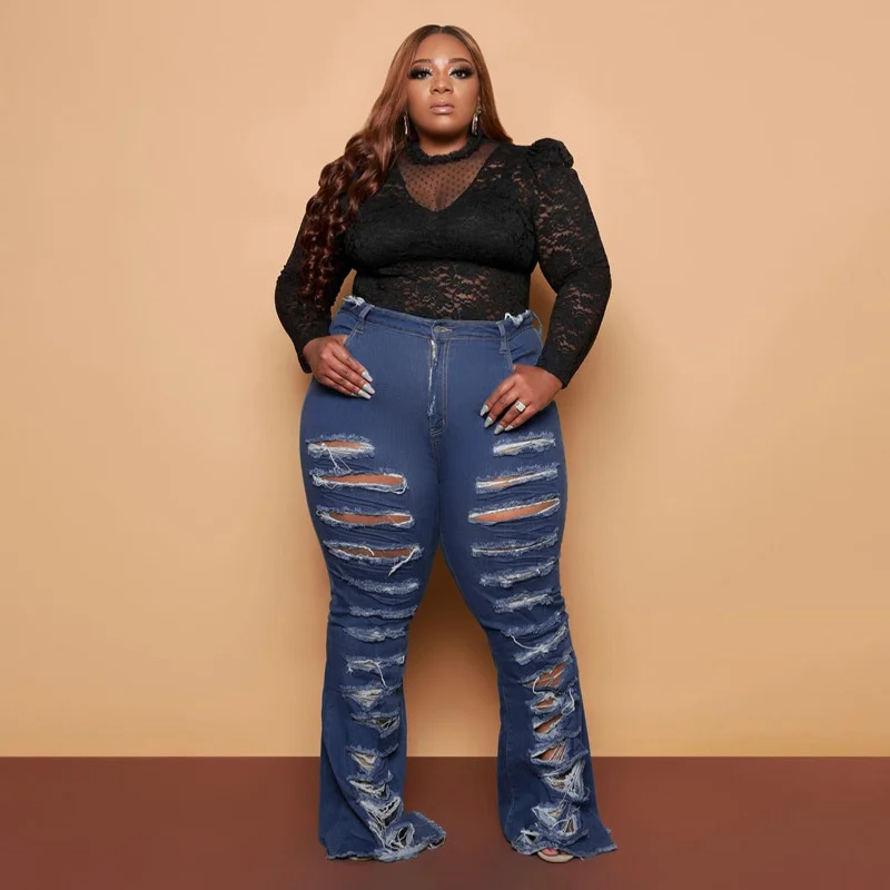 

Plus Size Women Jean Summer Ripped Hole Denim Trouser 2023 Spring Lady Fashion Solid Loose Female Casual Outfit Wholesale new