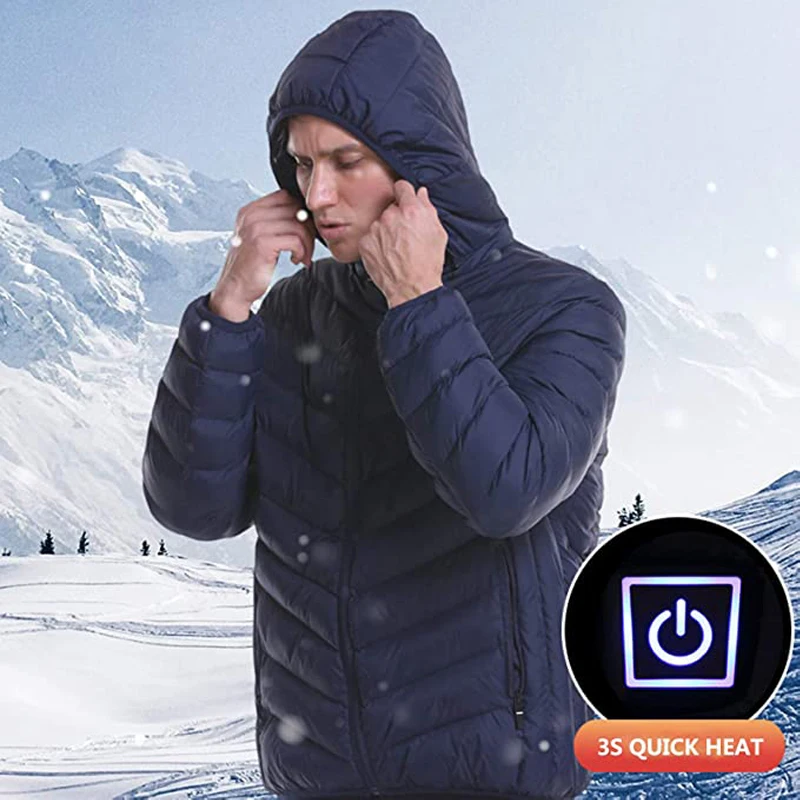 TRVLWEGO Winter Down Jacket For Men Electric Heating Warm 3rd Gear 8 Hours White Duck Down Solid Color USB Charging Hooded Coat