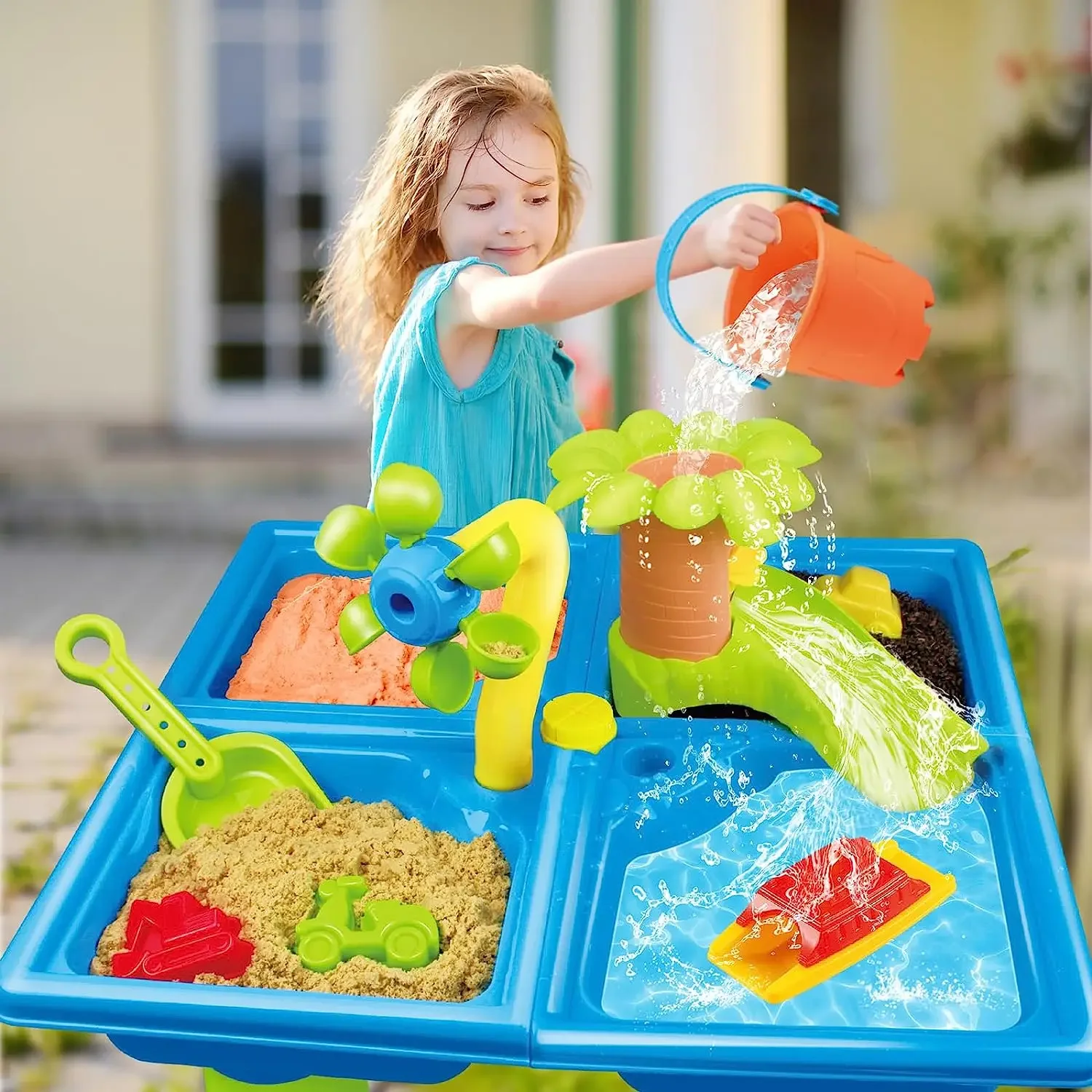Water Table for Toddlers 4 in 1 Kids Portable Water Play Table Beach Toys 24PCS Sensory Activity Splash Table Toys for Children 2