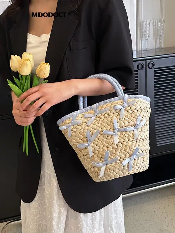 

Large Capacity Straw Woven Bucket Handbag For Women Cute Luxury Design New Purse Summer Holiday 2023 Casual Trendy Ladies Wallet