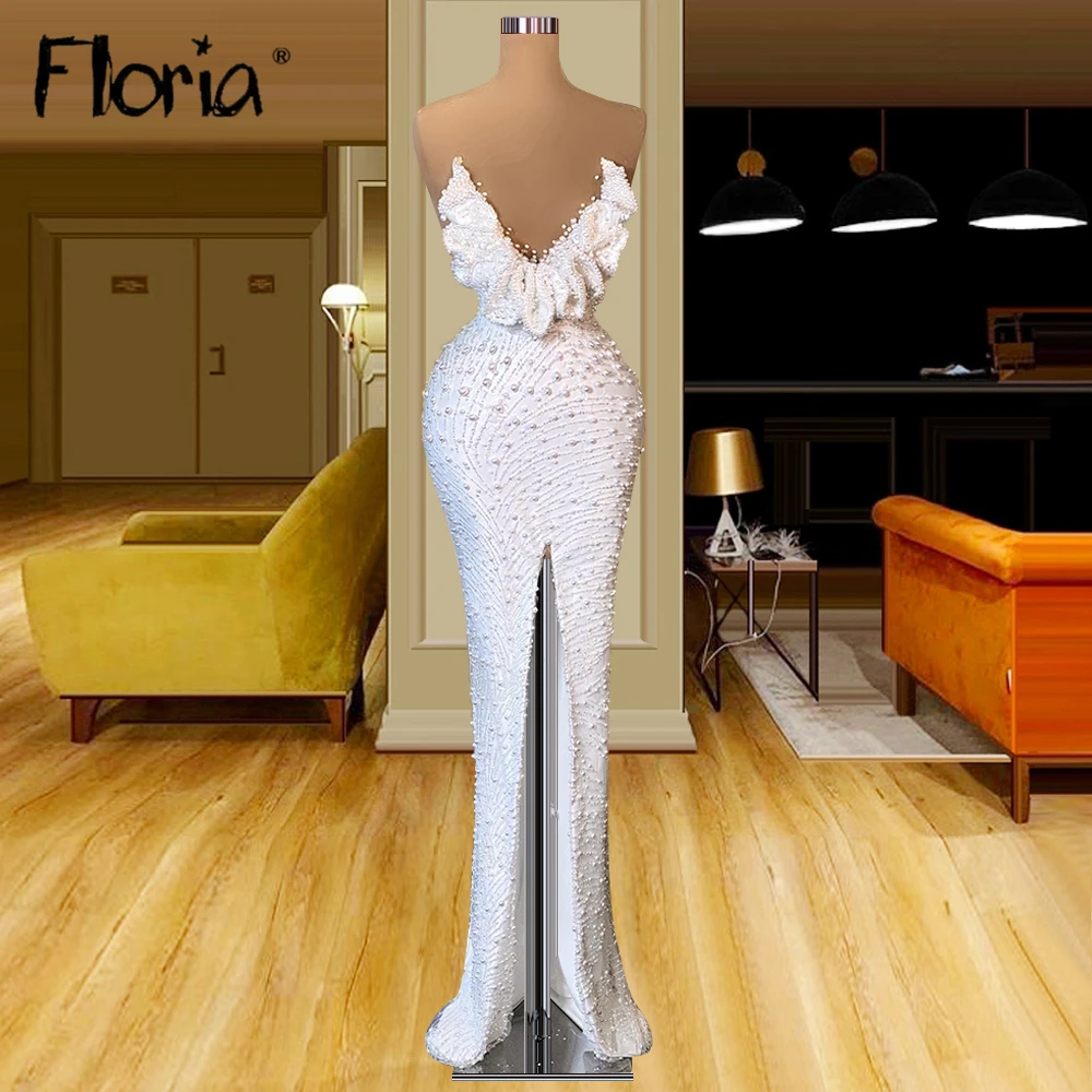 

Floria Chic Pearls Long Evening Dress Arabic Women Celebrity Party Gowns Custom Made Elegant Wedding Gowns Vestidos De Noche