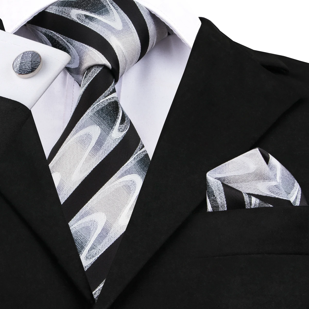 

Hi-Tie Black White Novelty Silk Wedding Tie For Men Handky Cufflink Gift Mens Necktie Fashion Business Party Dropshiping