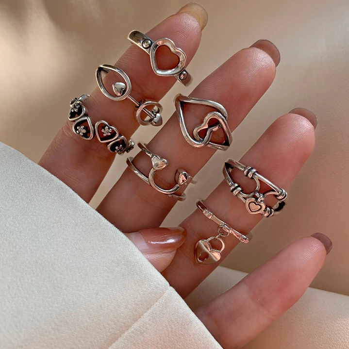 

MEETSOFT 925 Silver Vintage Stacked Hollowed Zircon Heart Rezisable Rings for Fashion Women Fine Jewelry Minimalist Accessories