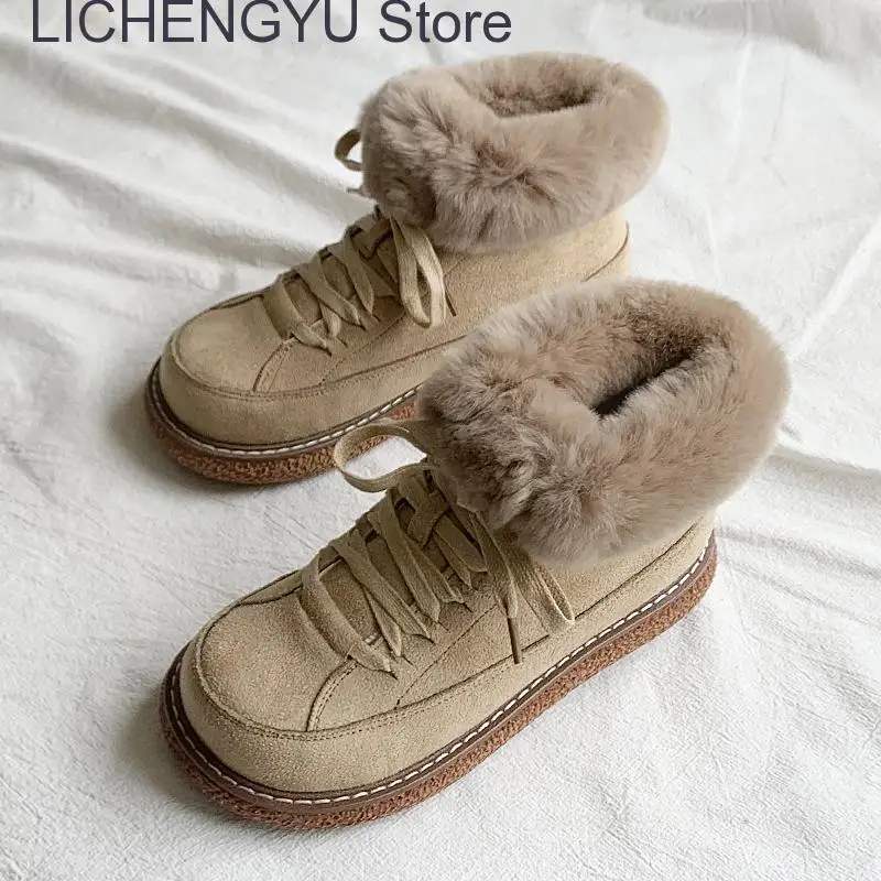 2023 Winter Women Fashion Artificial Fur Snow Boots Platform Med Heel Thick Sole Round Toe Warm Ankle Boots