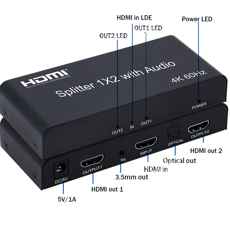 Фото 4K 60 Гц HDMI сплиттер аудио экстрактор 1x2 сплиттер HDMI переключатель 1 в 2 выход с оптическим Toslink + 3,5 мм аудио выход для PS5/4 PC TV №2