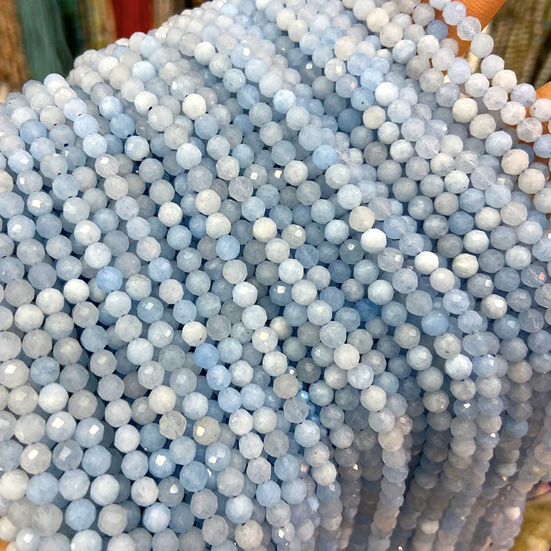 Natural 2/3/4mm Aquamarine Faceted Shinny Round Stone Loose Beads For Jewelry Making DIY Bracelets Necklace Strand Woman Gift