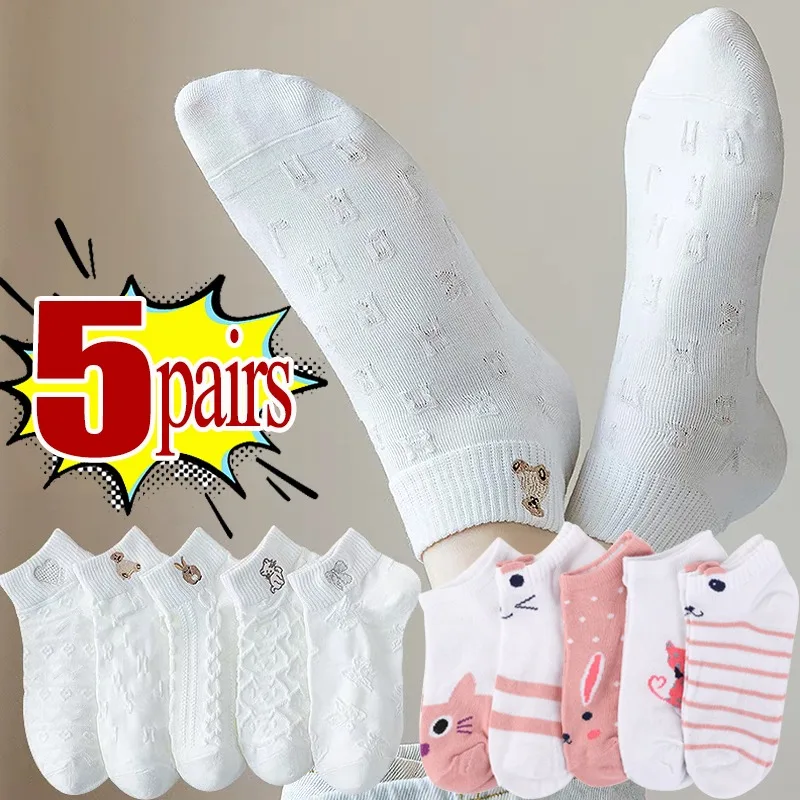 

5pairs/set Cartoon Bear Cotton Socks Summer Breathable Soft Solid Color Lace Short Hosiery Girl Cute Kawaii Korean Ankle Sox