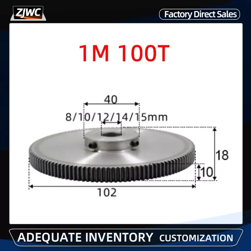 Metal Spur Gear Bore para Motor Material Metálico Baixo 45 mm 10 mm 12 mm 14 mm 15 mm 1mod 100 Dentes 1pc