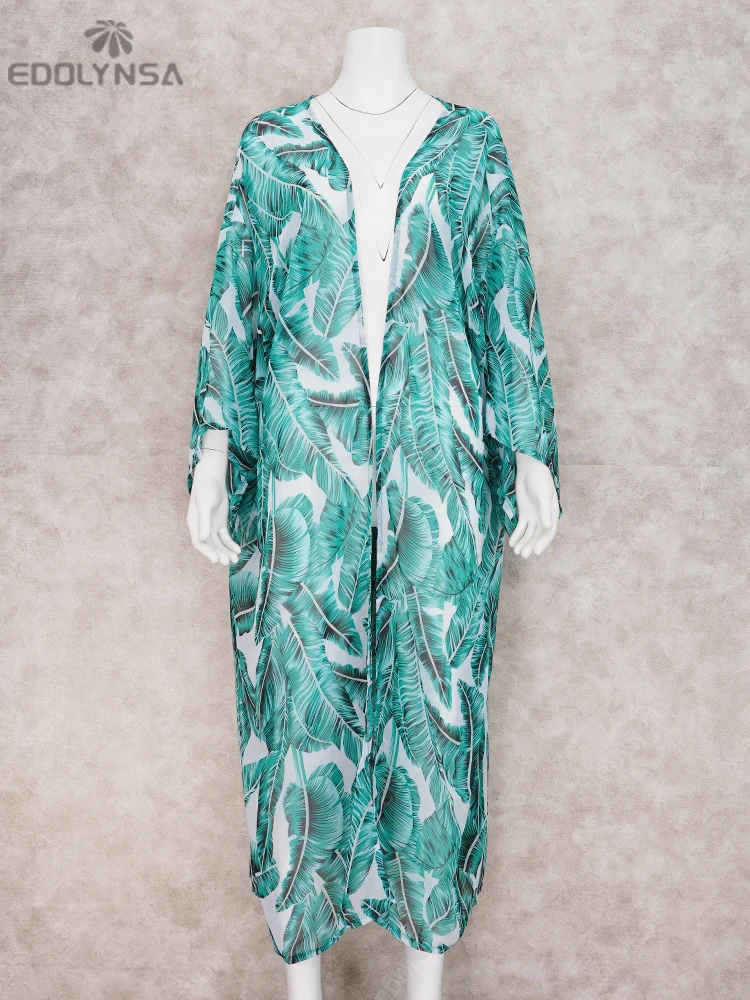 Print Chiffon Beach Cover up Tunics for Beach Long Kaftan Bikini Cover up Robe de Plage Sarong Swimsuit coverup #Q635