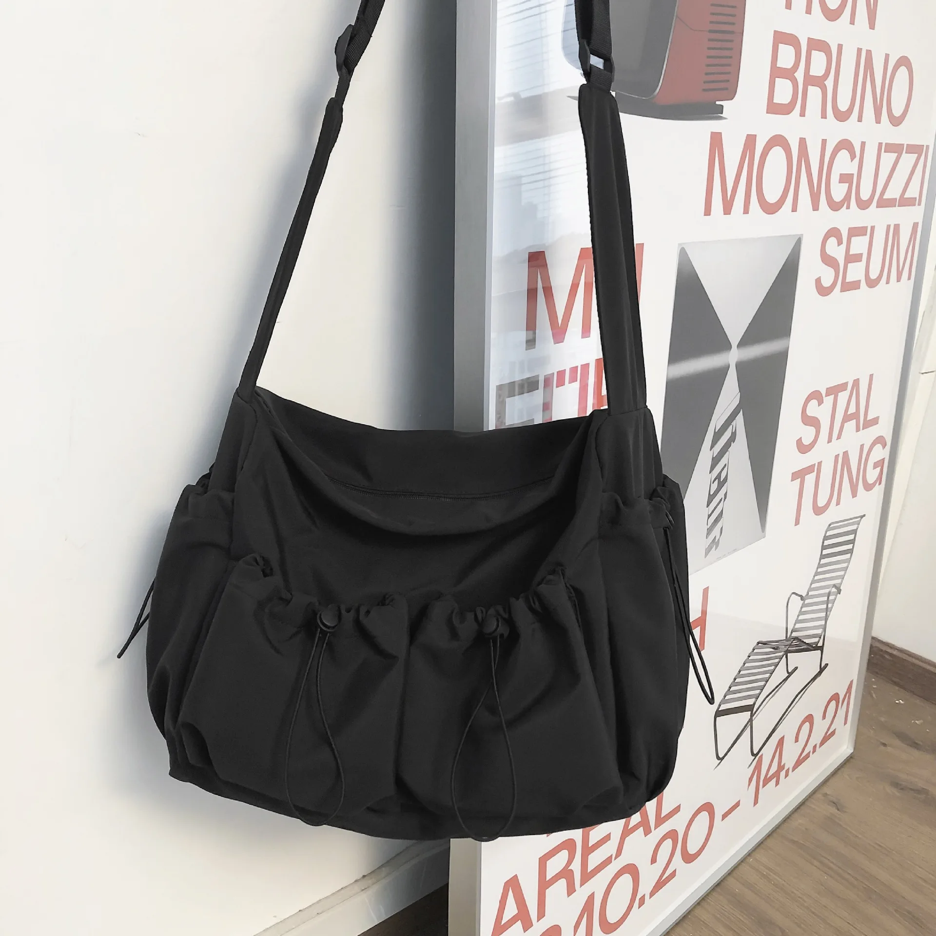 Fashion Couple Shoulder Bag with Polyester Lining, Campus Student Crossbody Bag with Side Pocket, Teen Black Nylon Messenger Bag