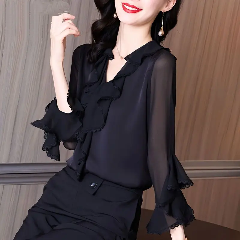 

Female Clothing Ruffles Spliced Lace Blouse Commute Spring Autumn Elegant V-Neck All-match Solid Color Nine Quarter Sleeve Shirt